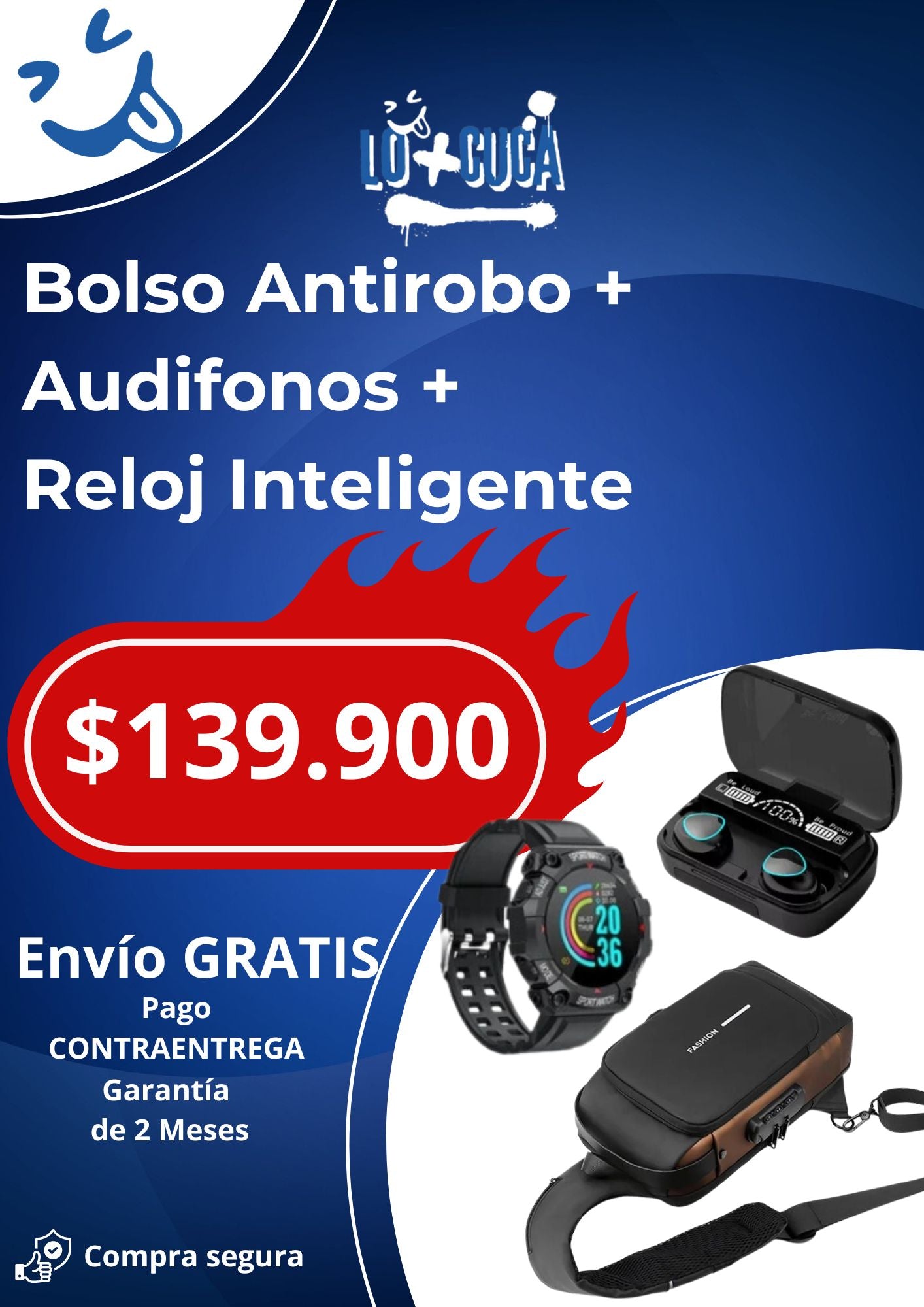 Combo Bolso Antirrobo + Audifonos + Reloj Deportivo